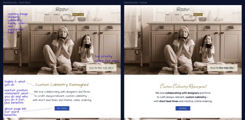 
      Two screenshots,
      on the left a design labeled
      marketing site client demo
      uses entirely handwritten fonts
      and has notes overlaid describing the parts,
      on the right labeled marketing site internal
      is the same design
      but with cursive headlines and sans-serif body fonts
      including bold and italics.
    