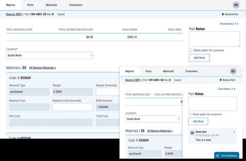 details of a part for manufacturing reprice shown in large and small screen sizes